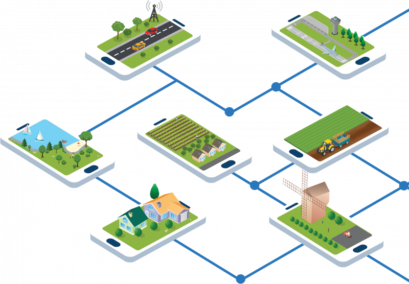 smartphones en 3d isométrique représentant des paysages de la Marne, vignoble, lac, aéroport, moulin et routes